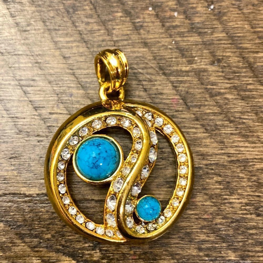 5/$25 Faux pendant: Yin yang in gold with diamonds and faux turquoise.